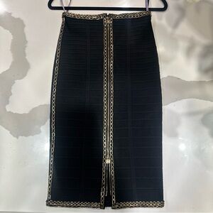 Herve Leger Black Pencil Skirt with Gold Accents